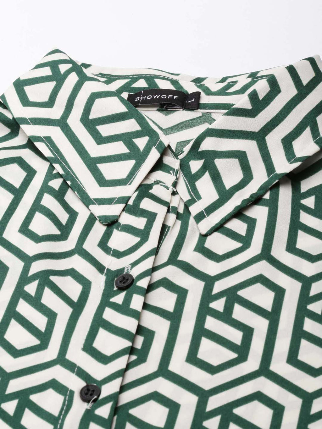 Women's Cream Geometric Printed Shirt Collar Georgette Mini Shirt Dress