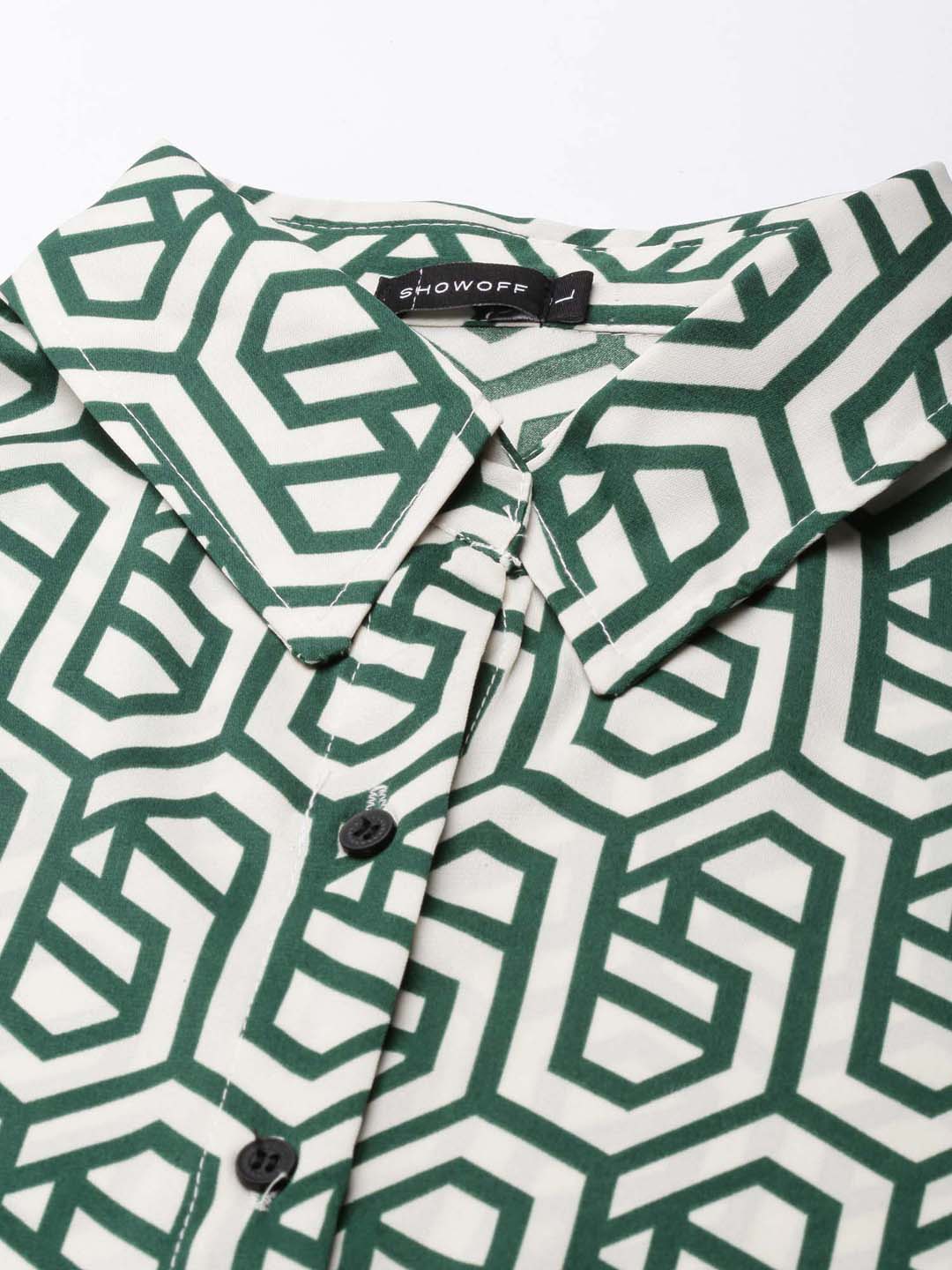 Women's Cream Geometric Printed Shirt Collar Georgette Mini Shirt Dress