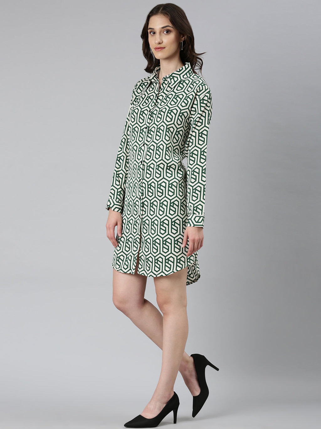 Women's Cream Geometric Printed Shirt Collar Georgette Mini Shirt Dress