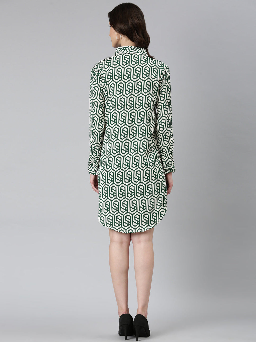 Women's Cream Geometric Printed Shirt Collar Georgette Mini Shirt Dress