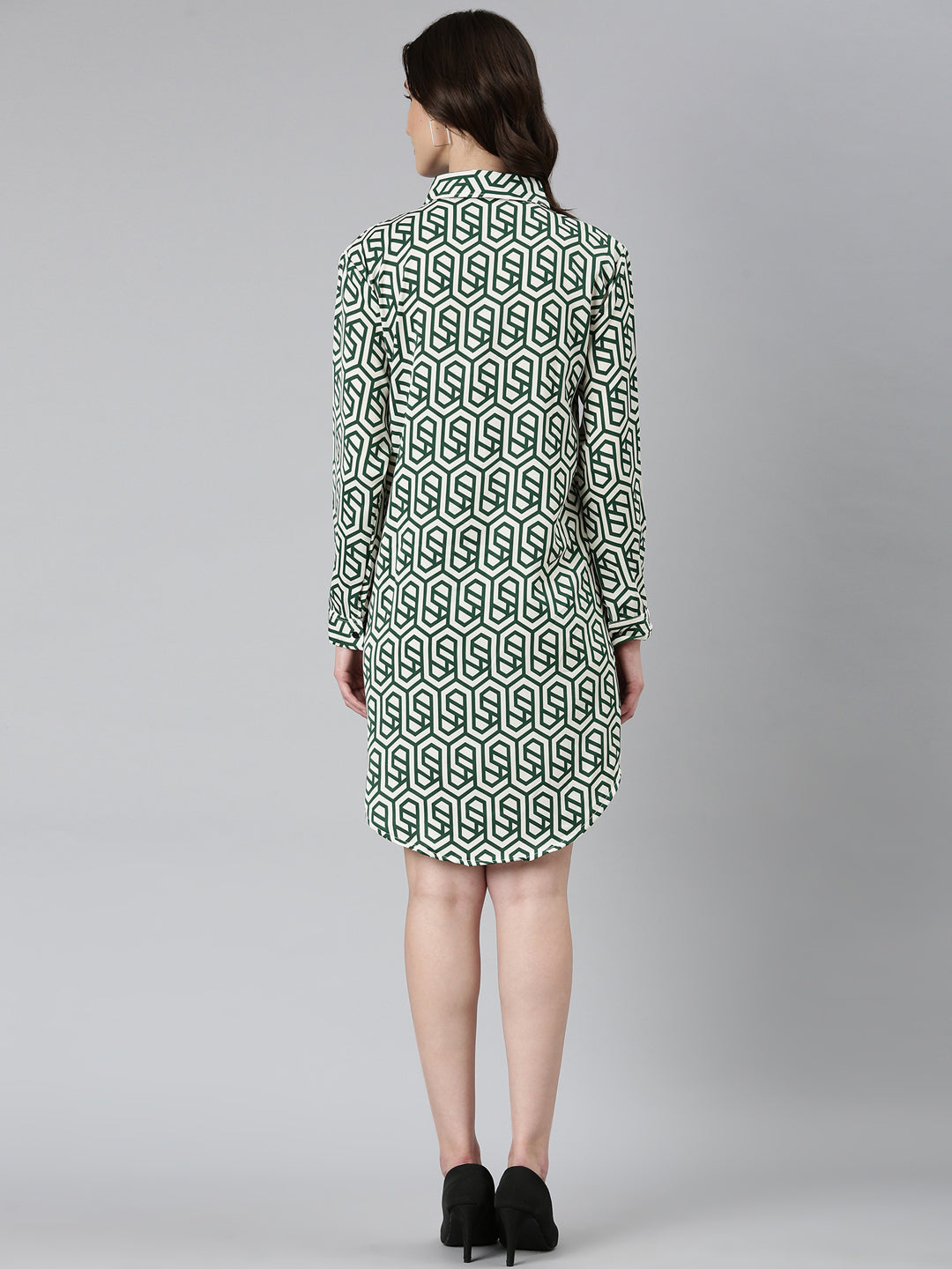 Women's Cream Geometric Printed Shirt Collar Georgette Mini Shirt Dress