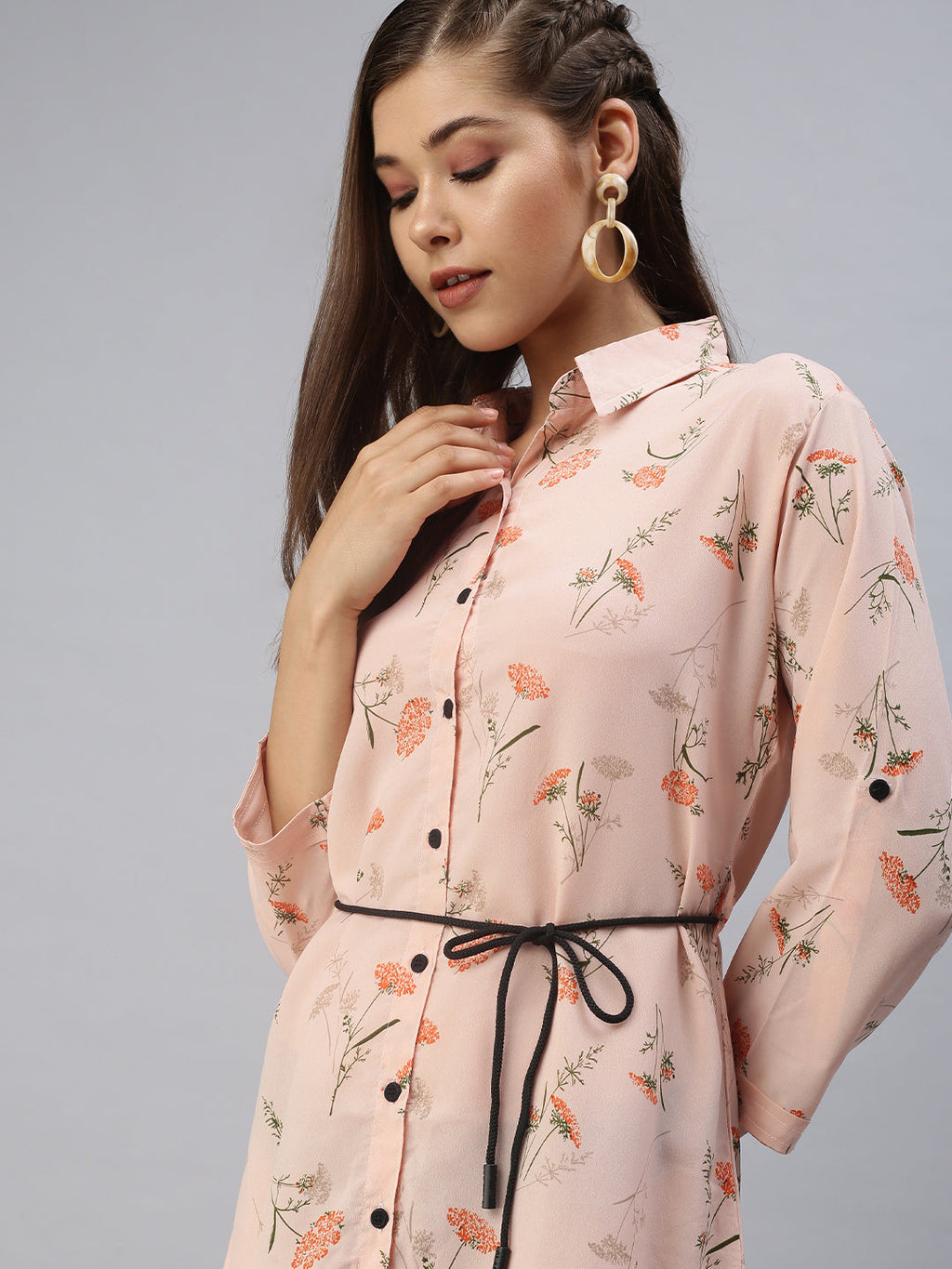 Women's Peach Floral Georgette Shirt Dress