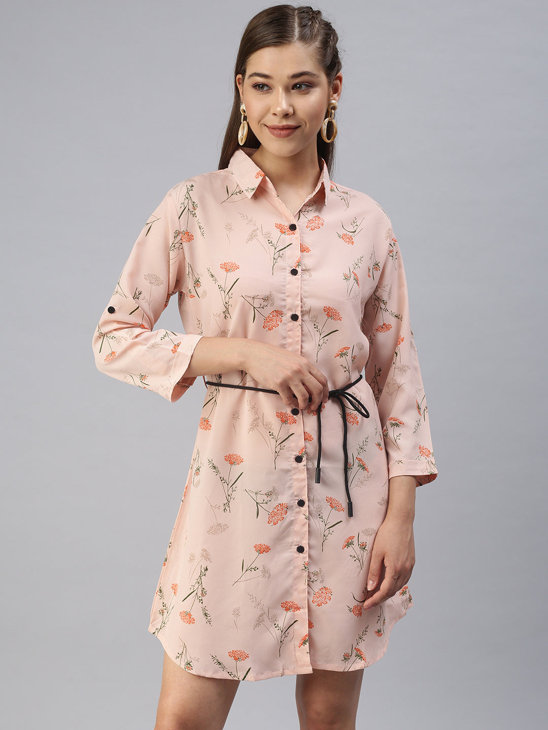 Women's Peach Floral Georgette Shirt Dress