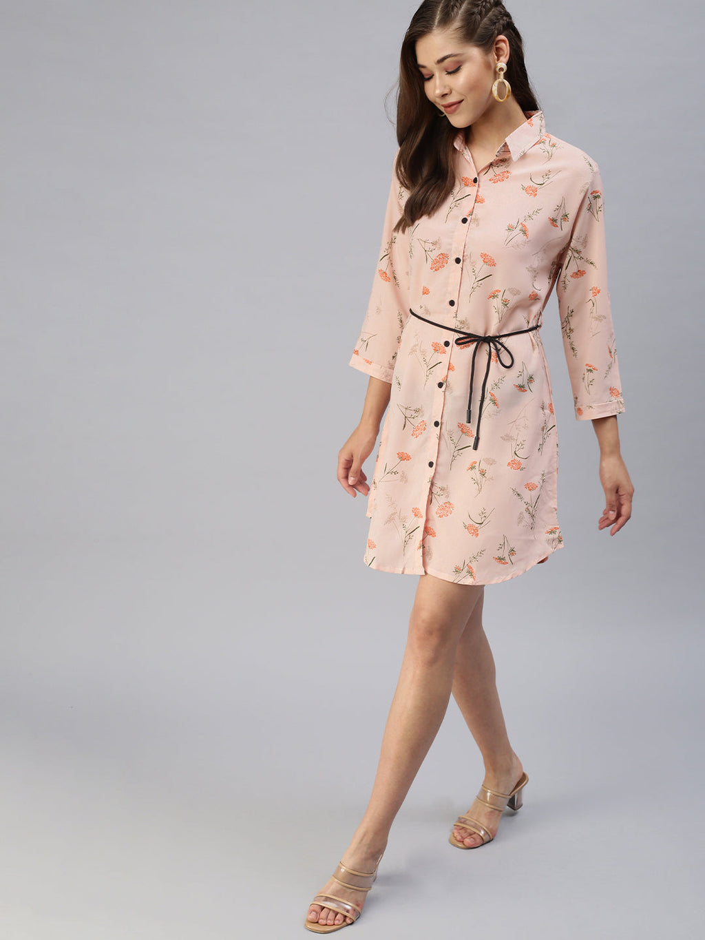 Women's Peach Floral Georgette Shirt Dress