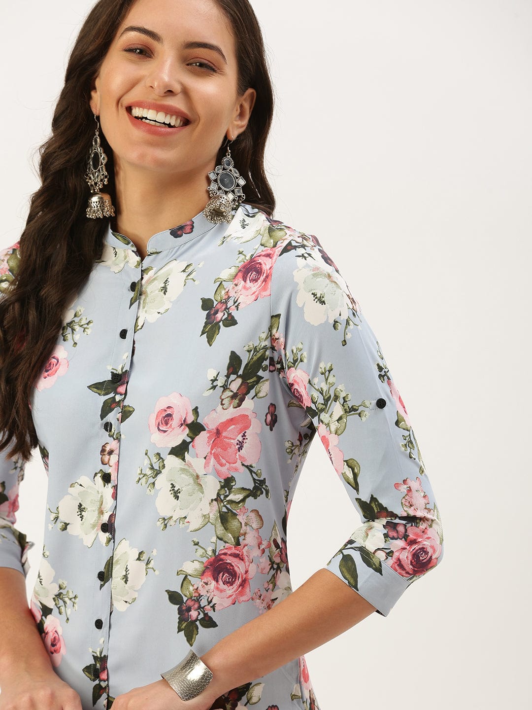 Women's Mandarin Collar Printed Blue Straight Kurta