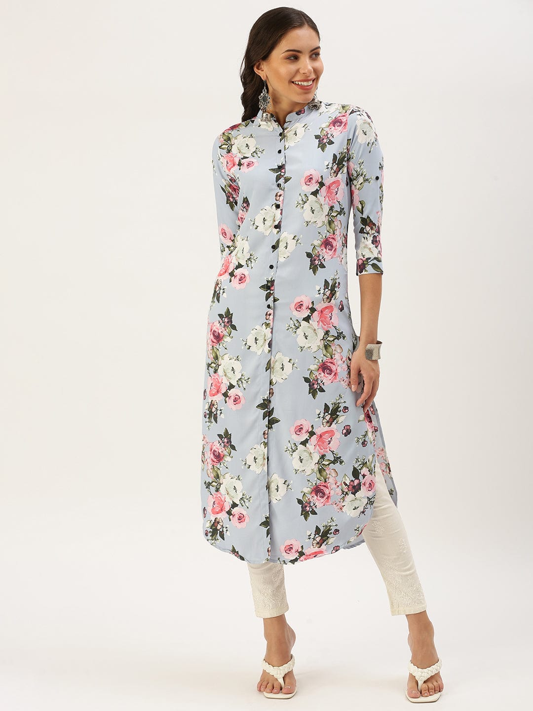 Women's Mandarin Collar Printed Blue Straight Kurta
