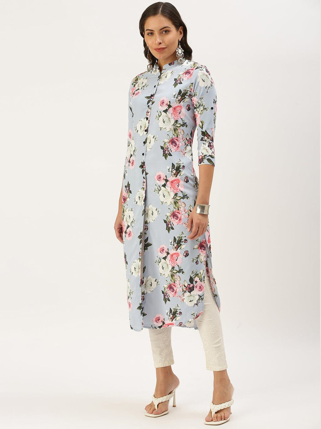 Women's Mandarin Collar Printed Blue Straight Kurta