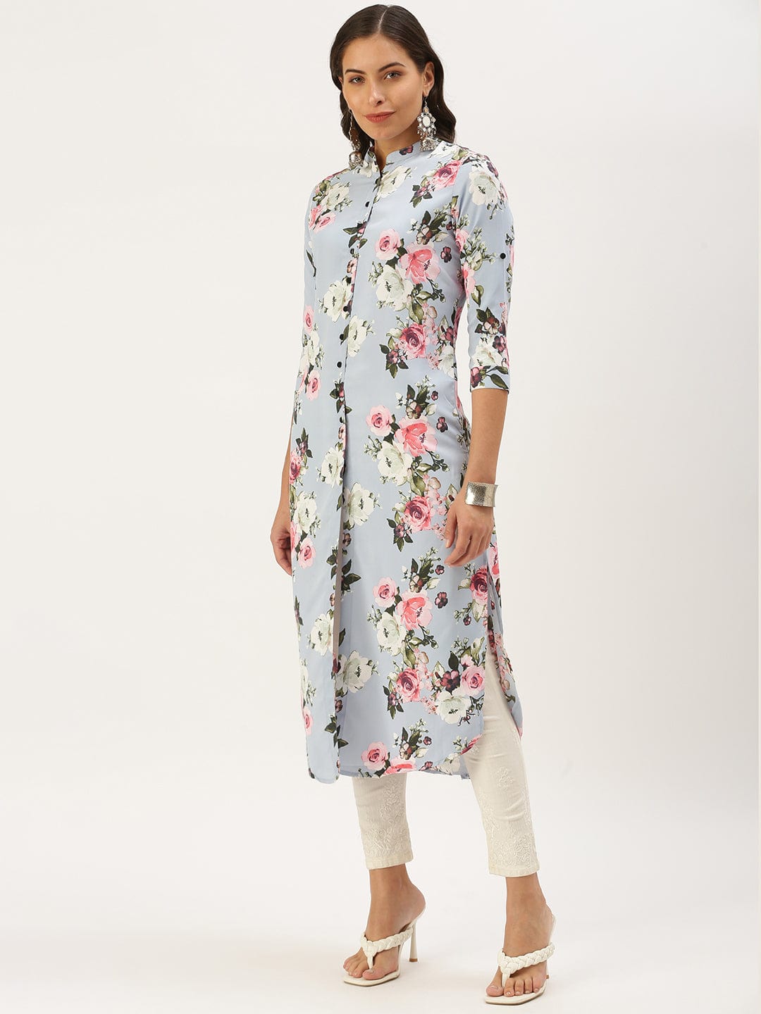 Women's Mandarin Collar Printed Blue Straight Kurta