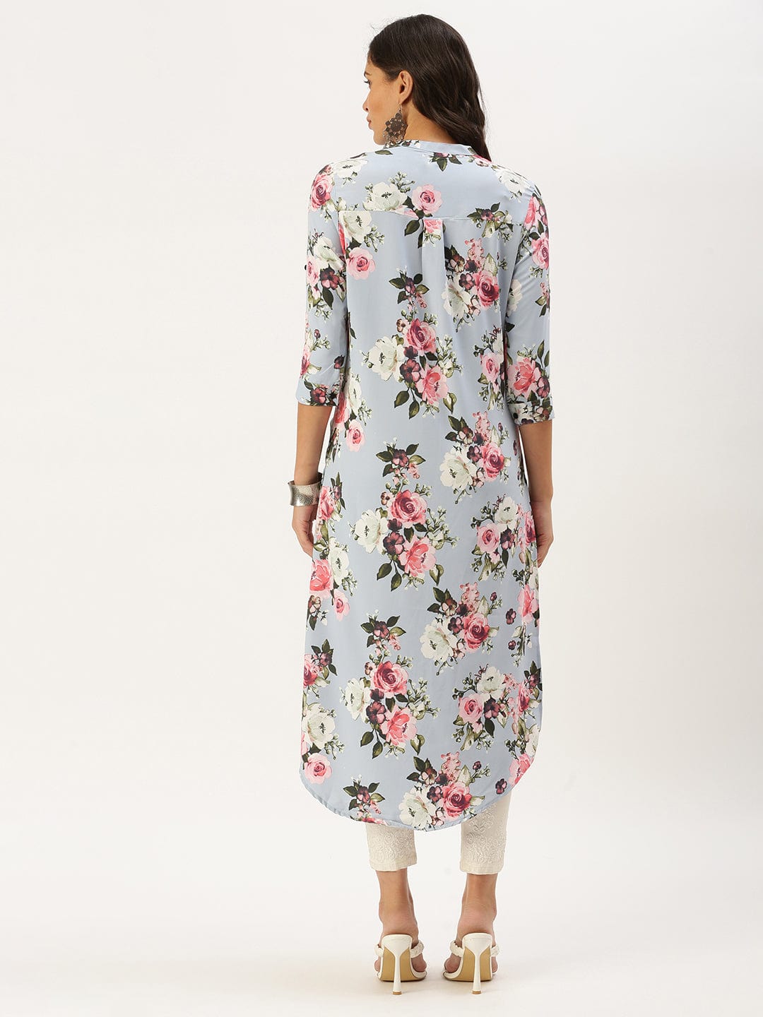 Women's Mandarin Collar Printed Blue Straight Kurta