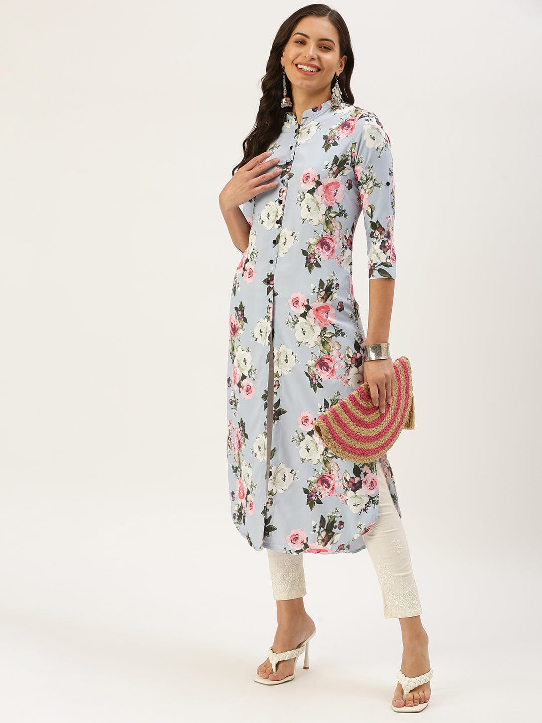 Women's Mandarin Collar Printed Blue Straight Kurta