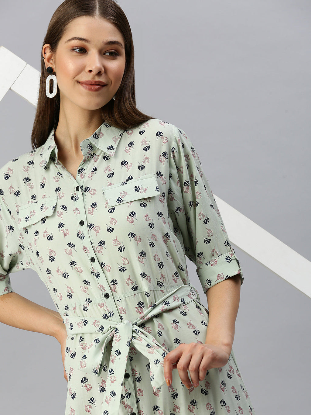 Women's Green Floral Shirt Midi Dress