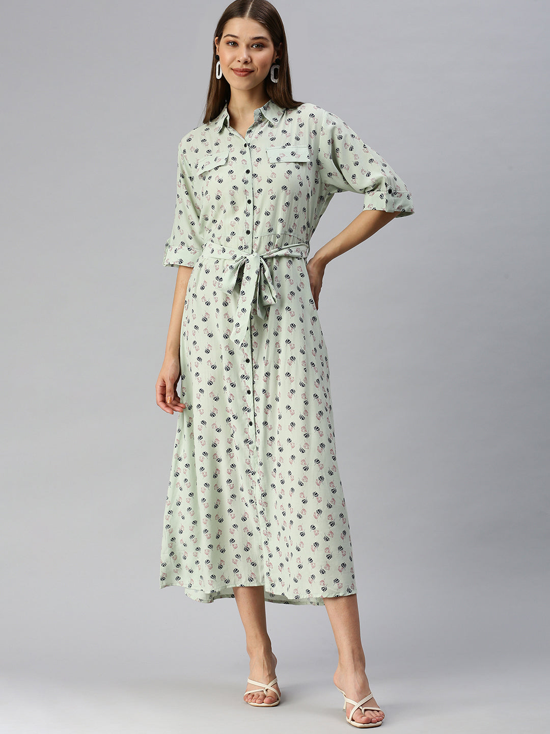 Women's Green Floral Shirt Midi Dress