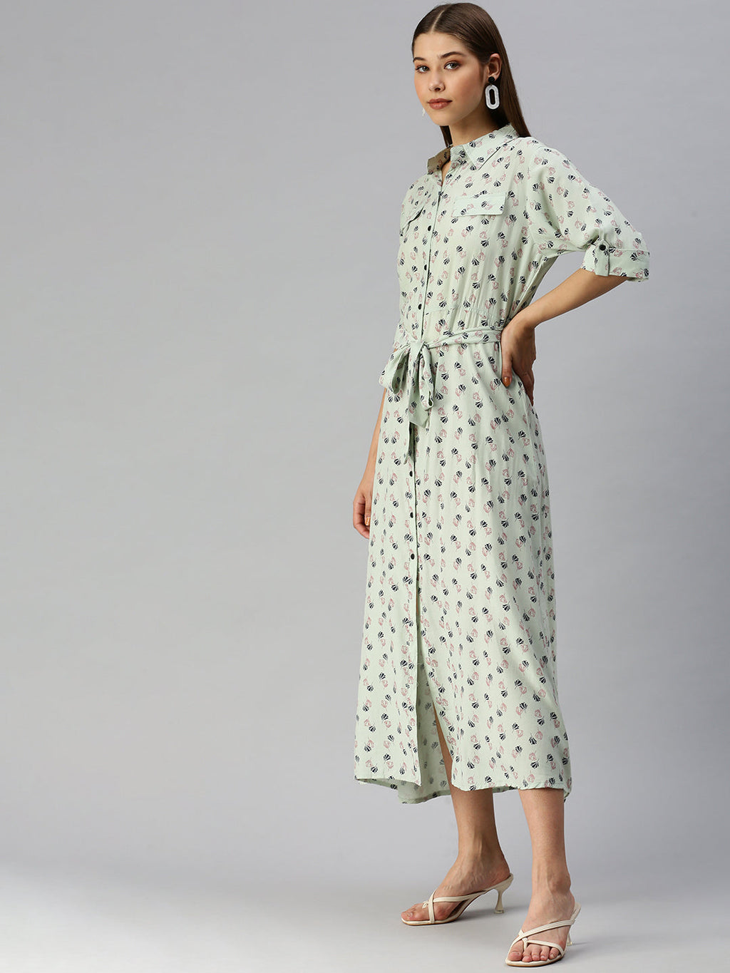 Women's Green Floral Shirt Midi Dress