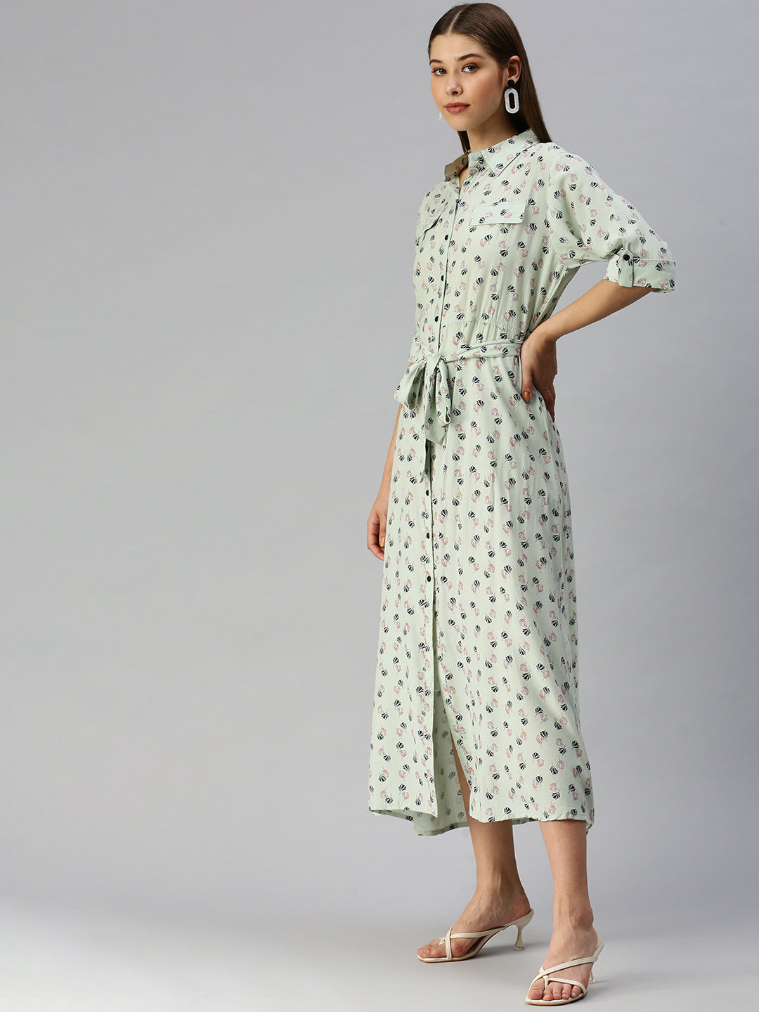 Women's Green Floral Shirt Midi Dress