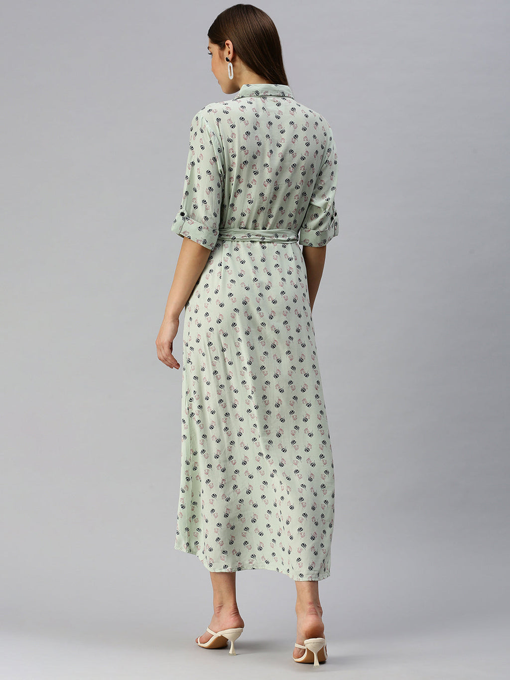 Women's Green Floral Shirt Midi Dress