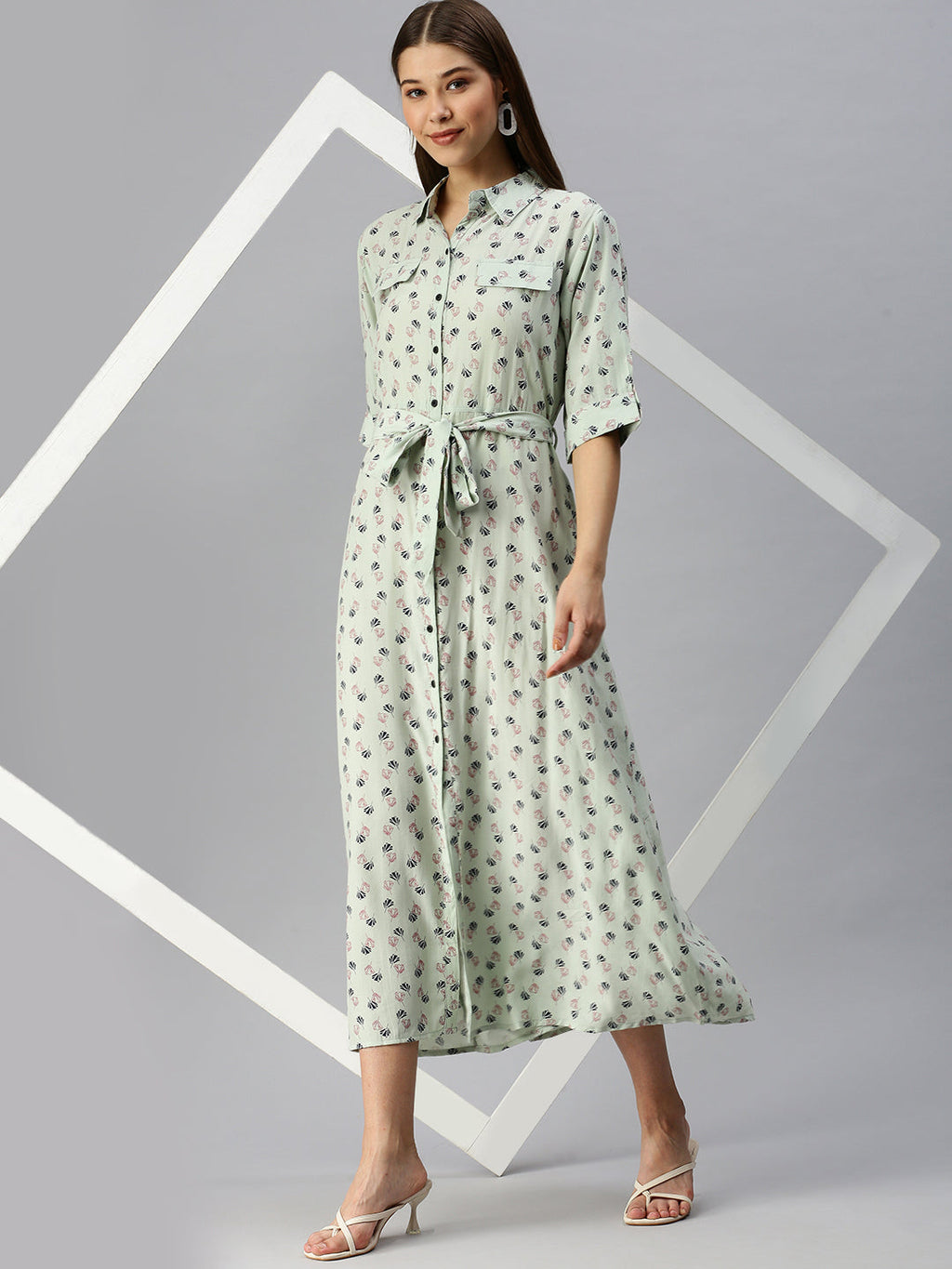 Women's Green Floral Shirt Midi Dress