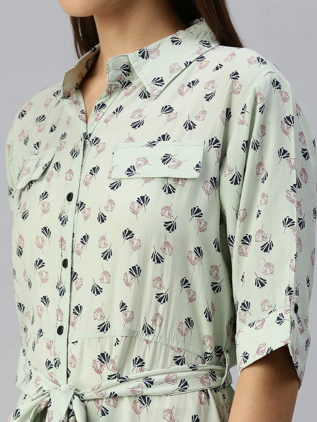 Women's Green Floral Shirt Midi Dress