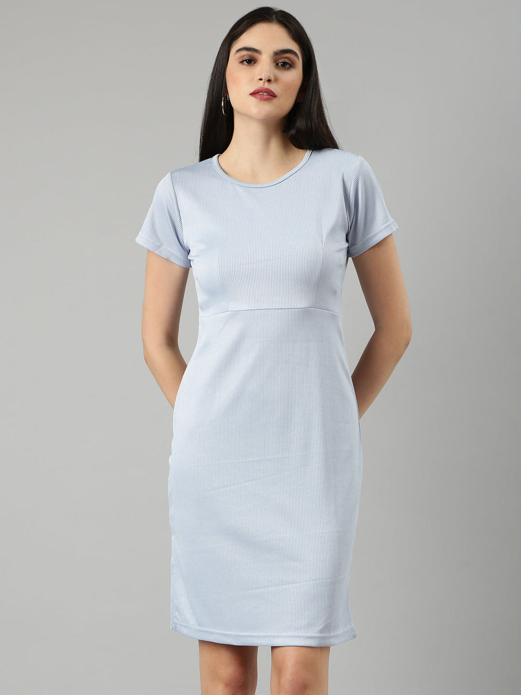 Women's Blue Round Neck Short Sleeves Cotton Knitted Sheath Dress