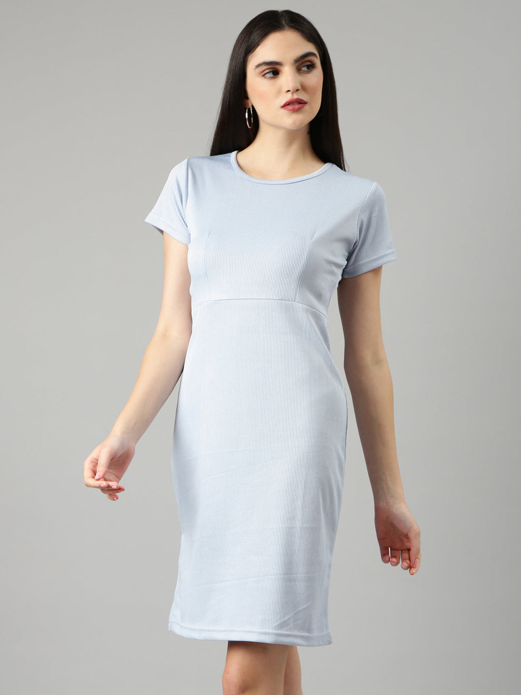 Women's Blue Round Neck Short Sleeves Cotton Knitted Sheath Dress