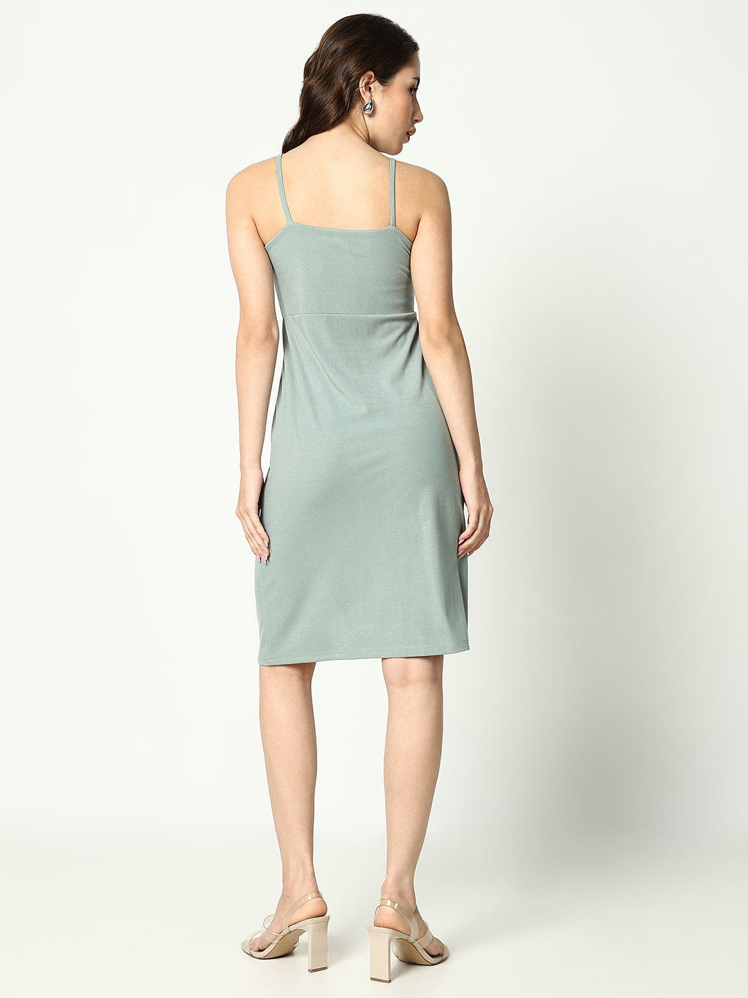 Women's Sea Green Shoulder Straps Gathered Detailed Cotton Sheath Dress