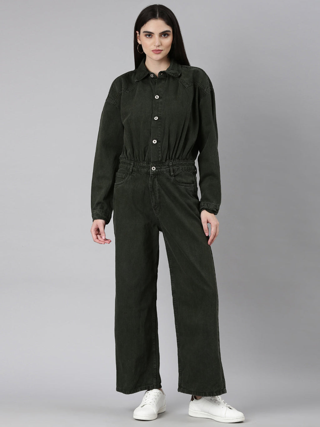 Women's Olive Shirt Collar Long Sleeves Cotton Basic Jumpsuit