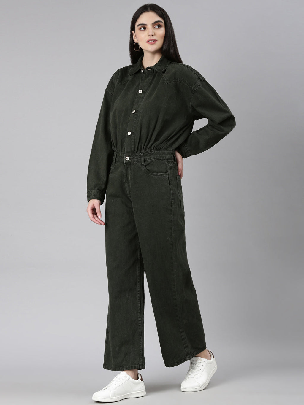 Women's Olive Shirt Collar Long Sleeves Cotton Basic Jumpsuit