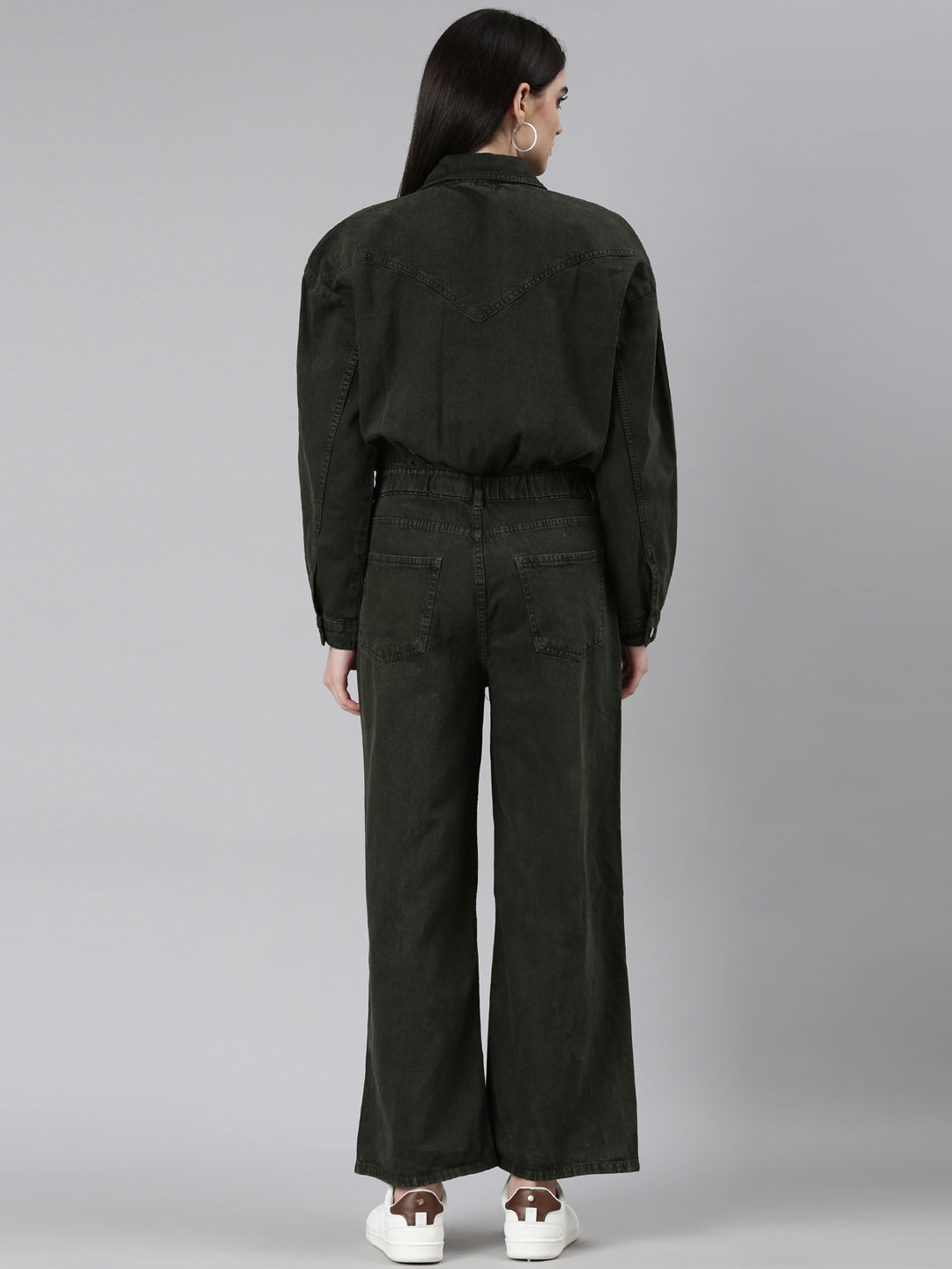 Women's Olive Shirt Collar Long Sleeves Cotton Basic Jumpsuit