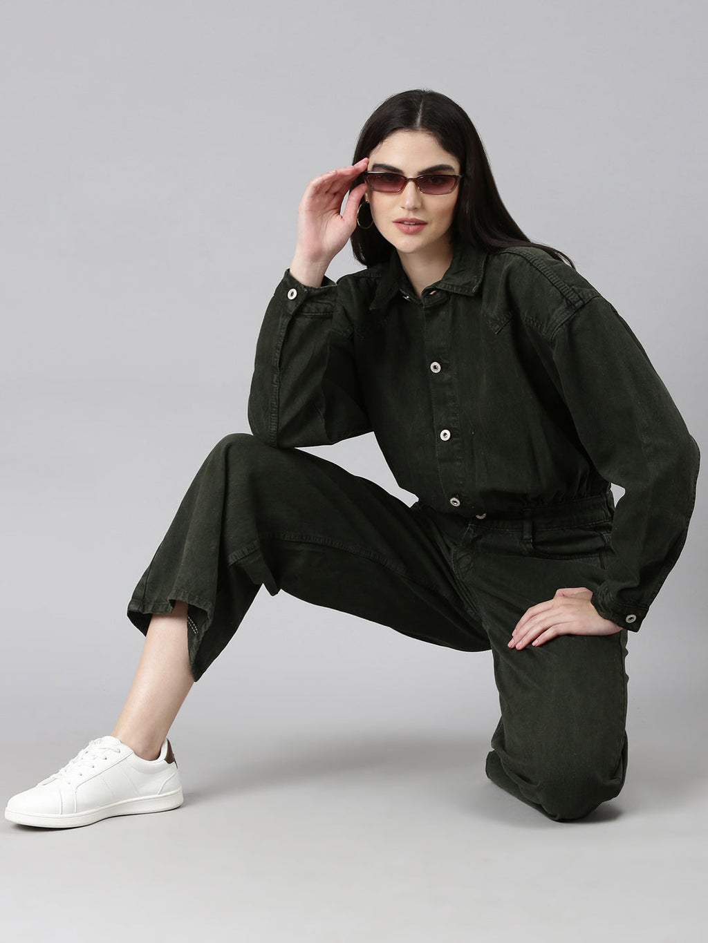 Women's Olive Shirt Collar Long Sleeves Cotton Basic Jumpsuit