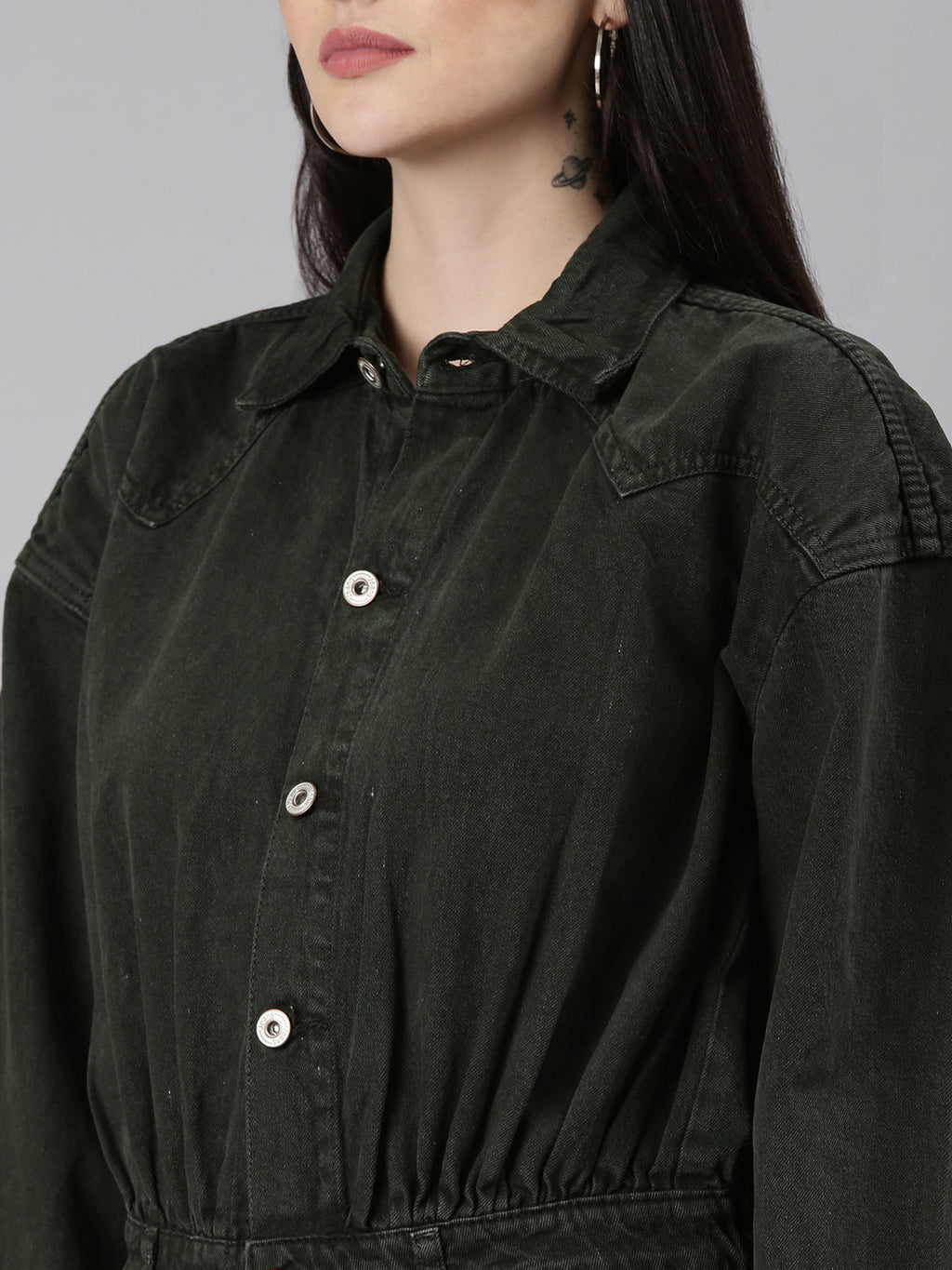 Women's Olive Shirt Collar Long Sleeves Cotton Basic Jumpsuit
