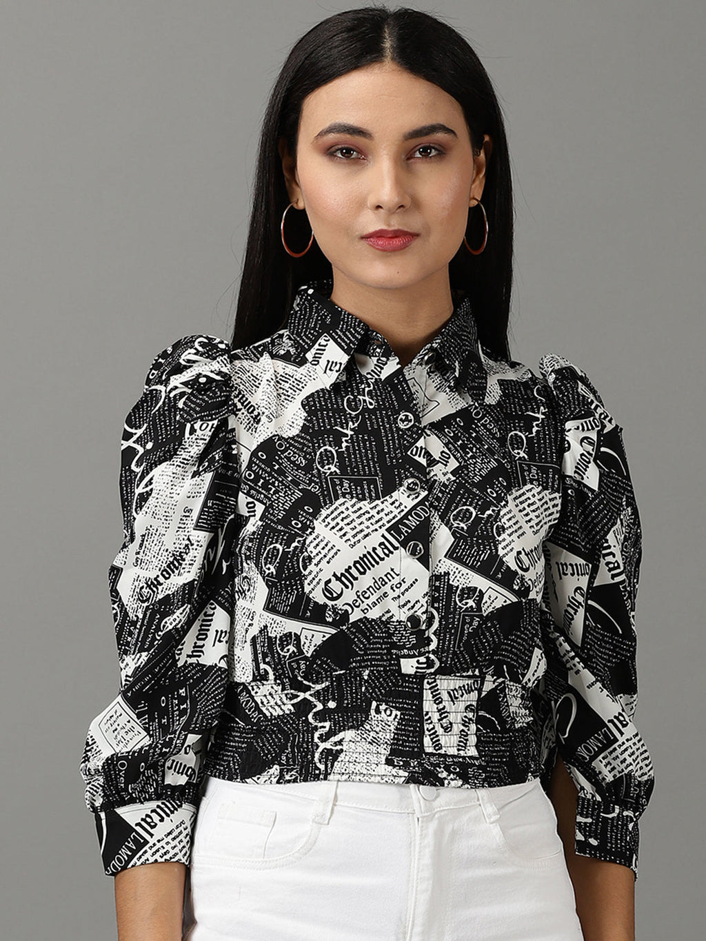 Women's Black Typography Printed Puff Sleeve Smocked Shirt Style Top