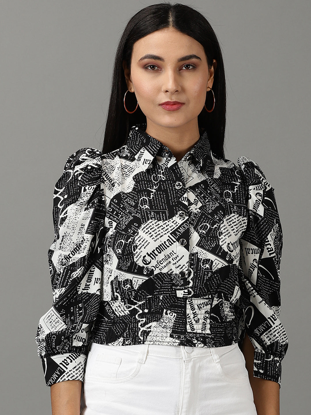 Women's Black Typography Printed Puff Sleeve Smocked Shirt Style Top