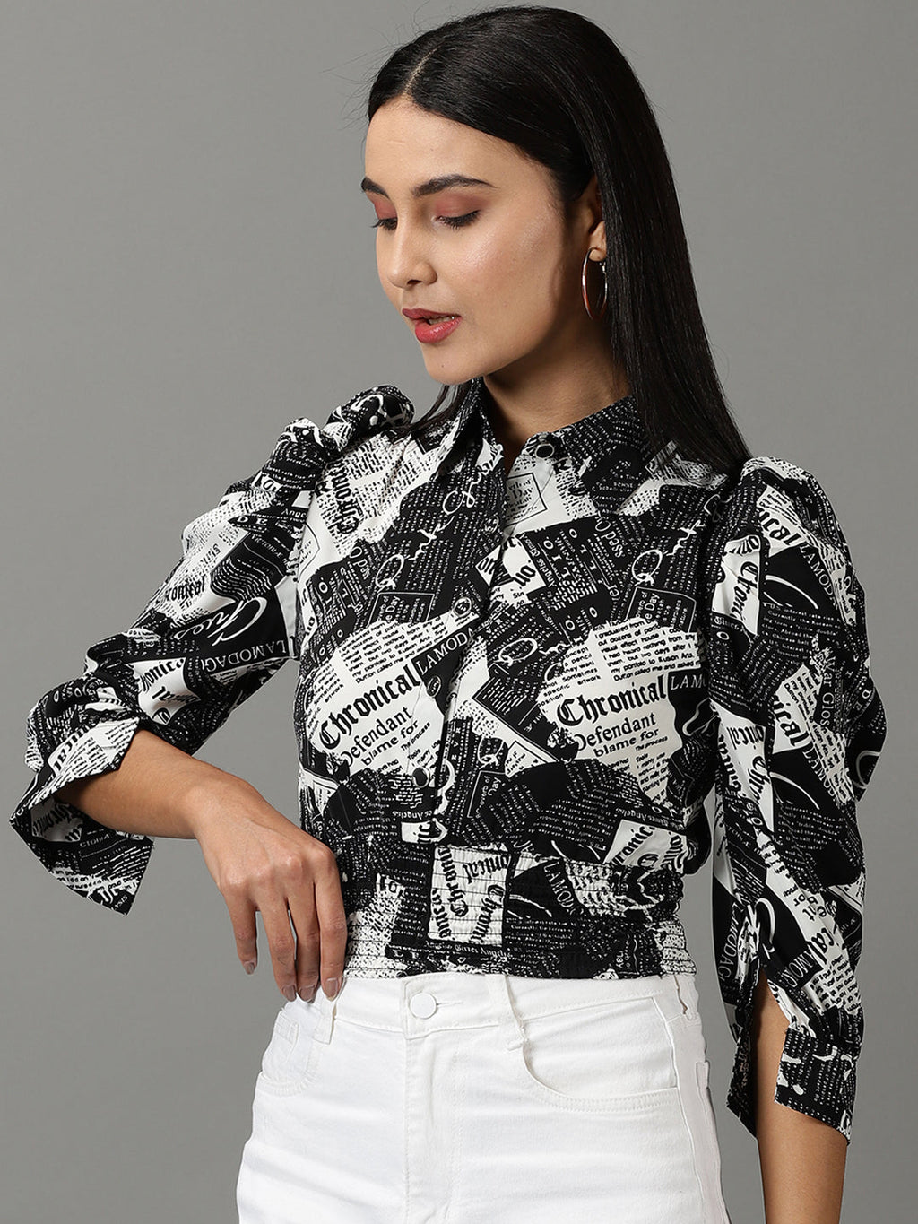 Women's Black Typography Printed Puff Sleeve Smocked Shirt Style Top