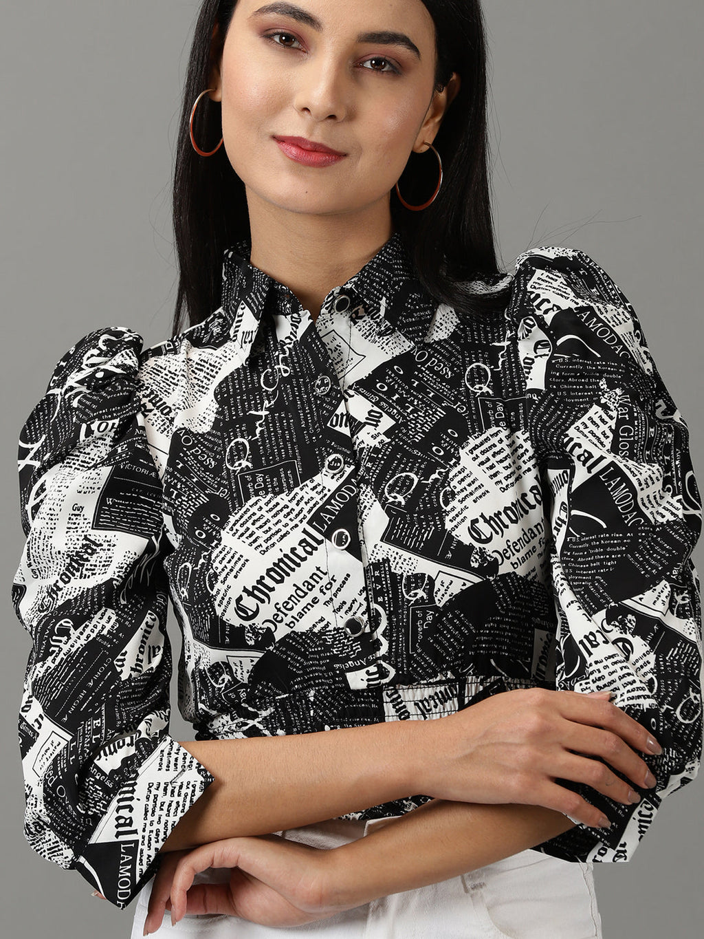 Women's Black Typography Printed Puff Sleeve Smocked Shirt Style Top
