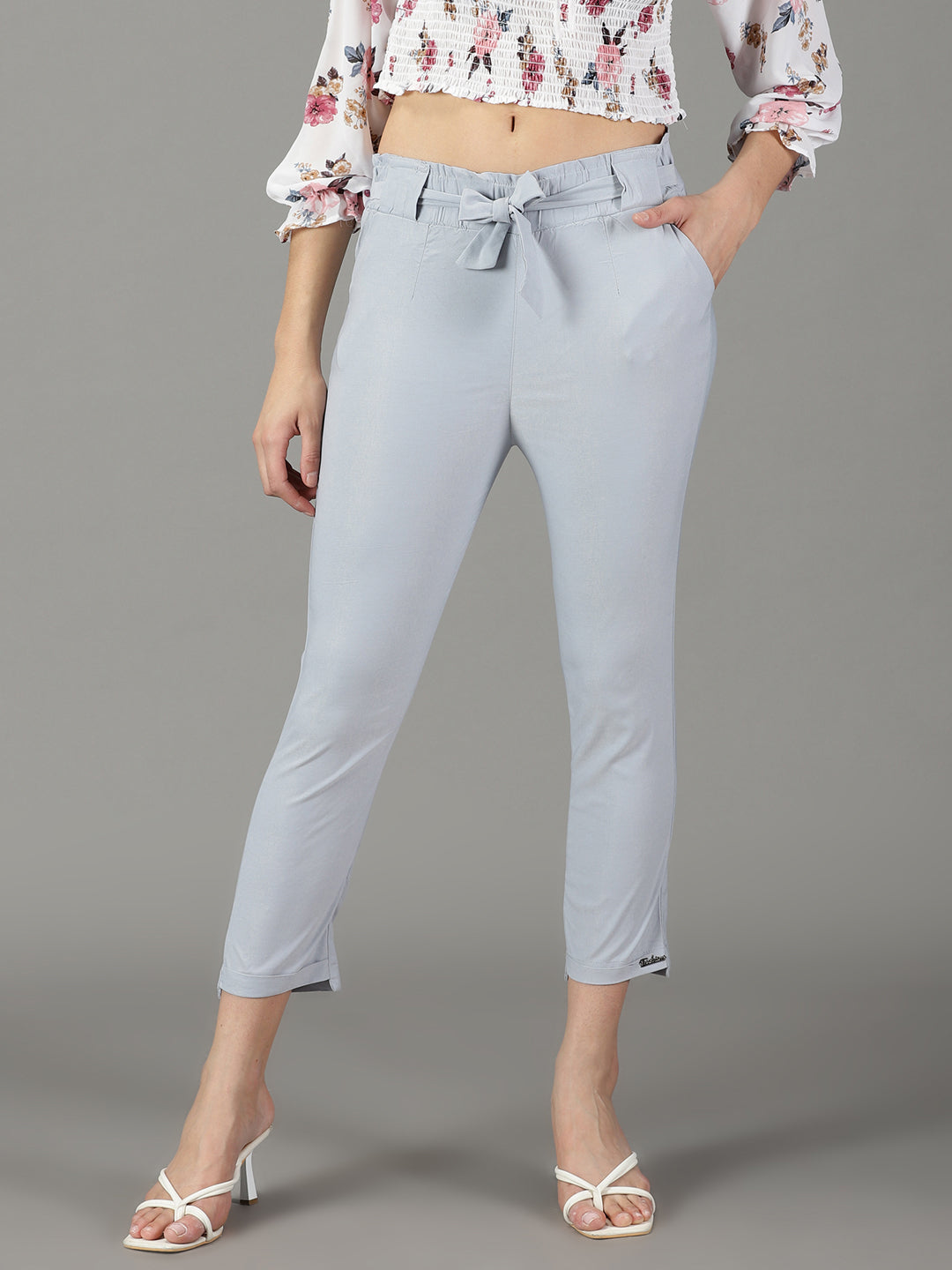 Women's Blue Relaxed Slim Fit High-Rise Trousers