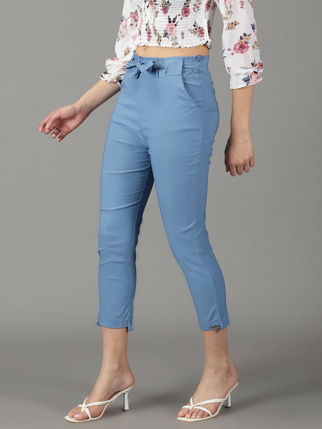 Women's Blue Relaxed Slim Fit High-Rise Trousers