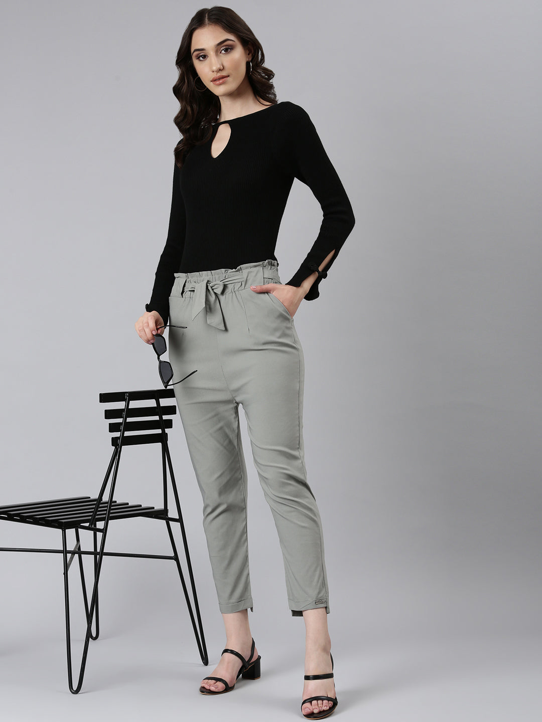 Women's Grey High-Rise Pleated Cigarette Trousers