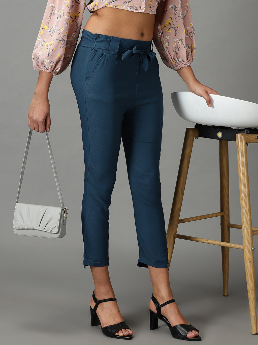 Women's Teal Relaxed Slim Fit High-Rise Trousers