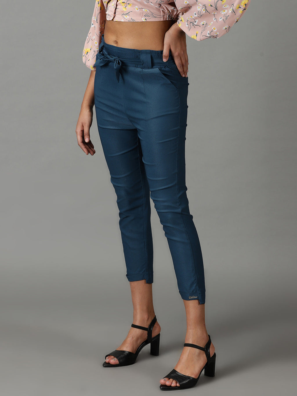 Women's Teal Relaxed Slim Fit High-Rise Trousers