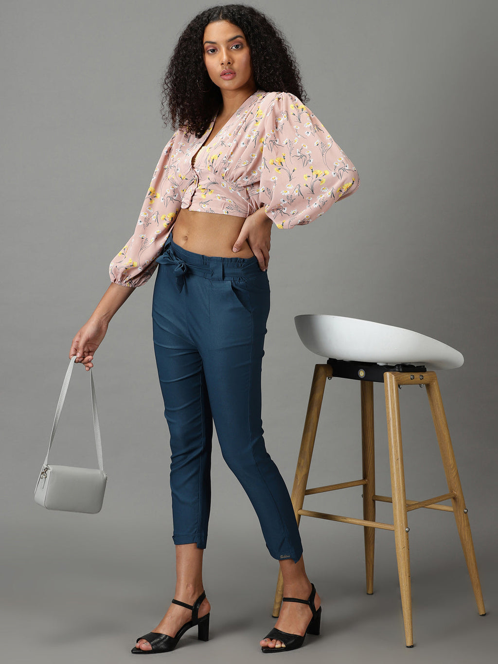 Women's Teal Relaxed Slim Fit High-Rise Trousers