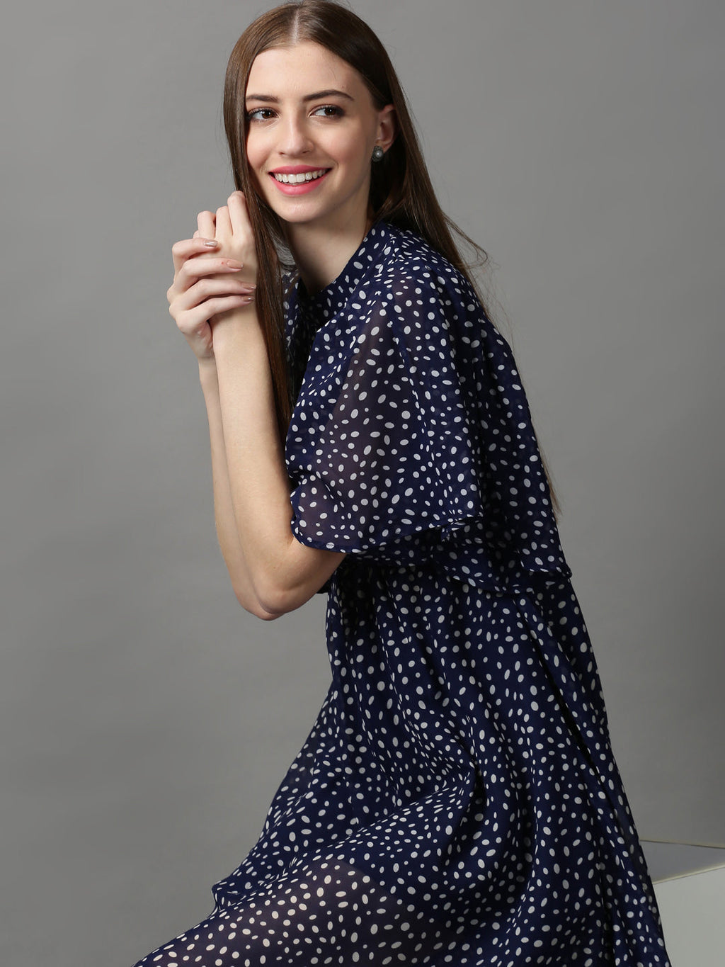 Women's Navy Blue Chiffon Blouson Dress