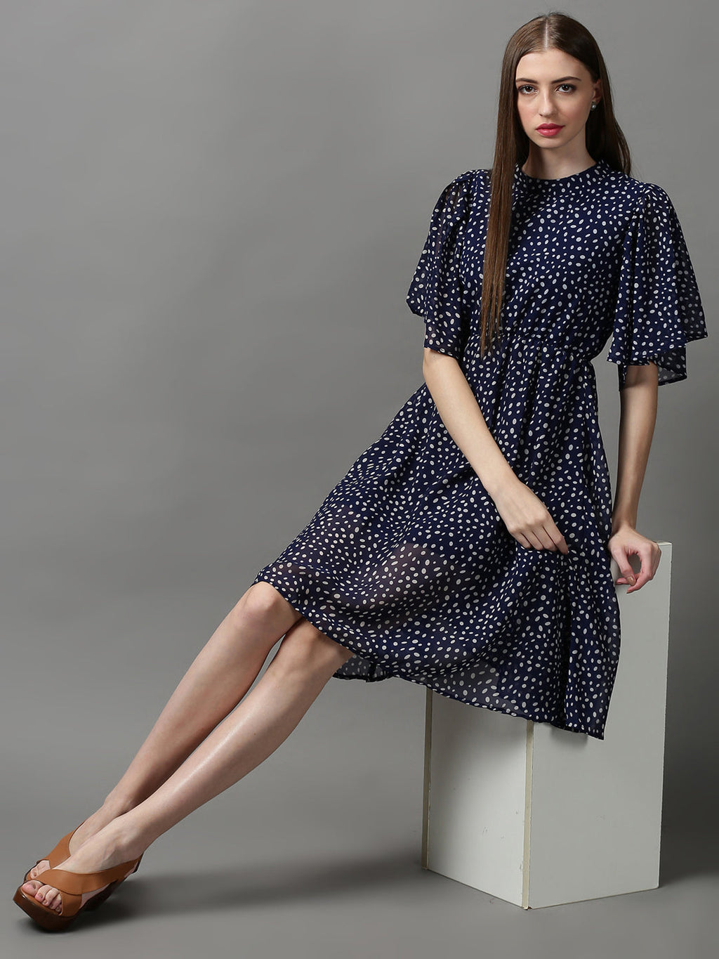 Women's Navy Blue Chiffon Blouson Dress