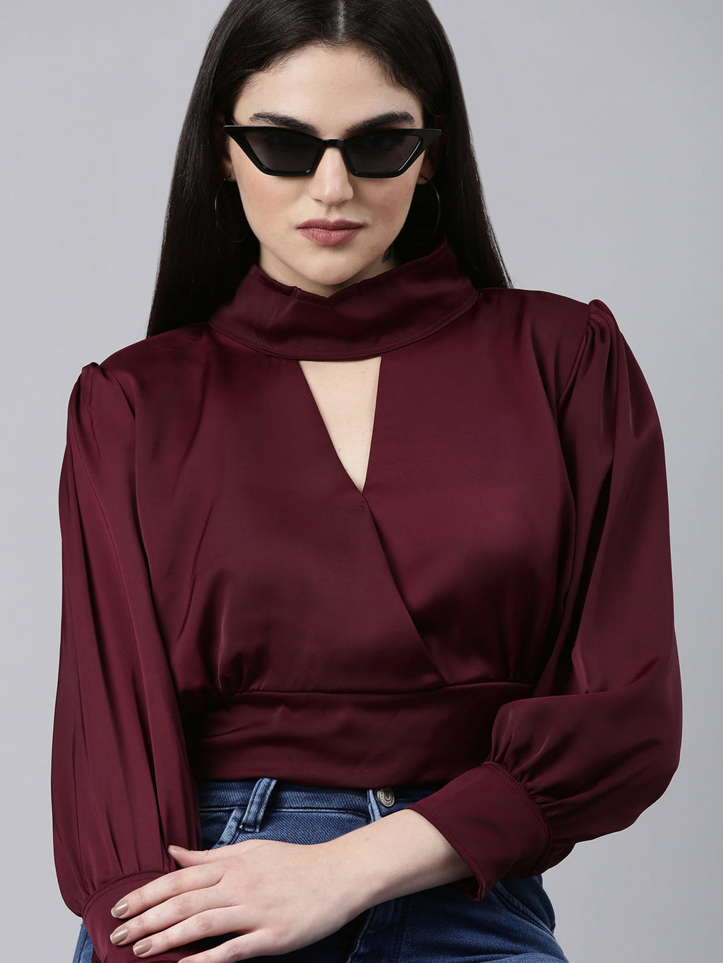 Women's Violet Keyhole Neck Puff Sleeves Wrap Satin Crop Top