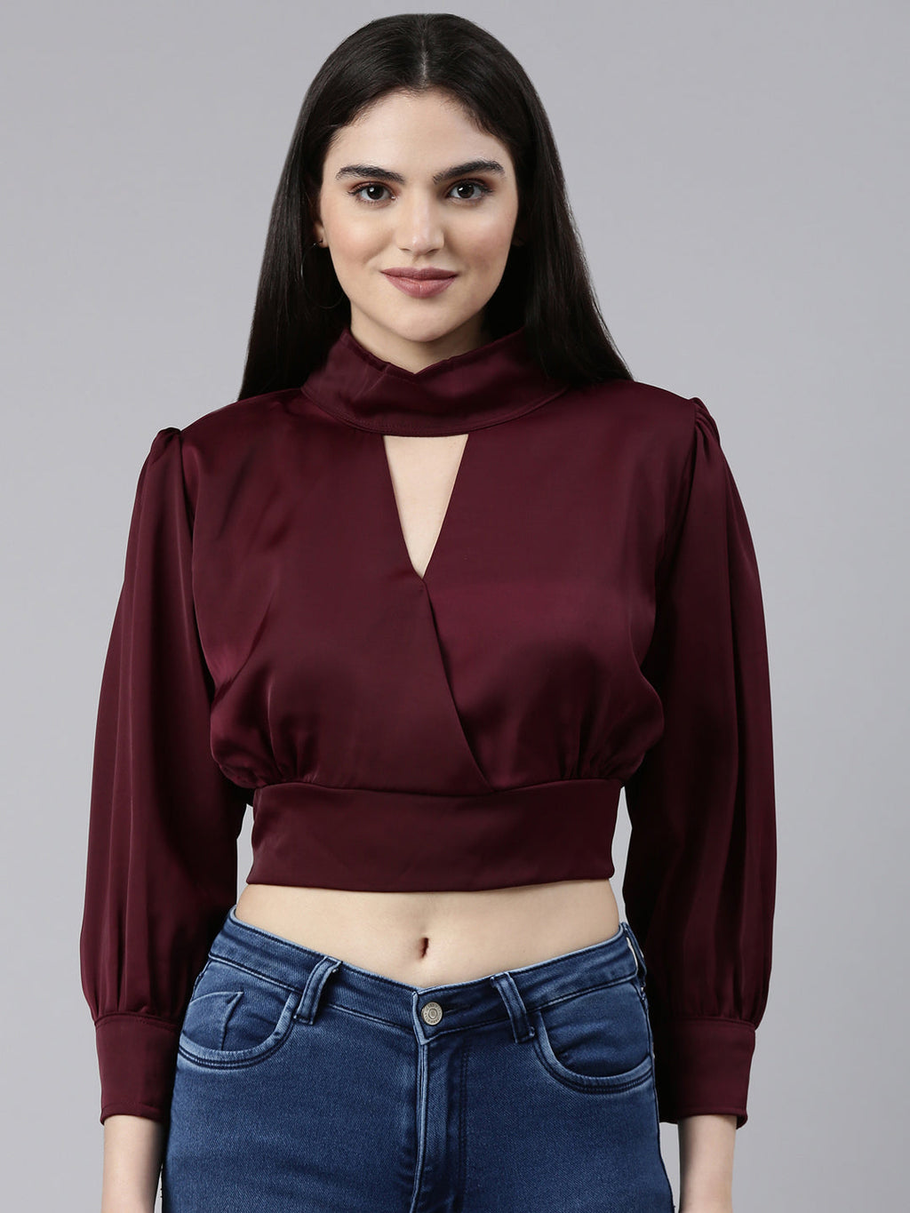 Women's Violet Keyhole Neck Puff Sleeves Wrap Satin Crop Top