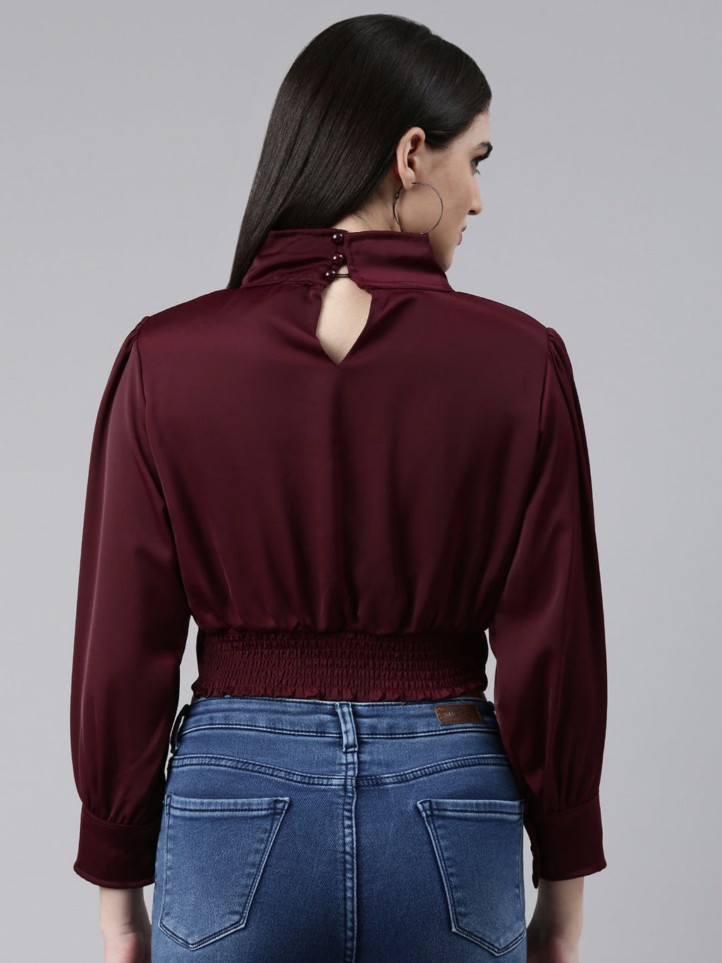 Women's Violet Keyhole Neck Puff Sleeves Wrap Satin Crop Top