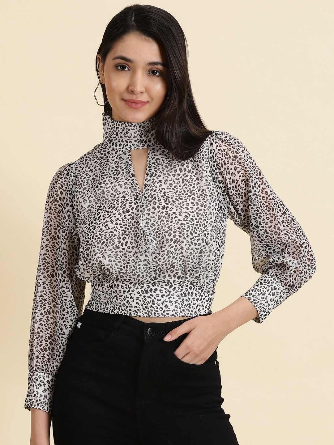 Women's White Animal Printed Chiffon Keyhole Neck Crop Blouson Top