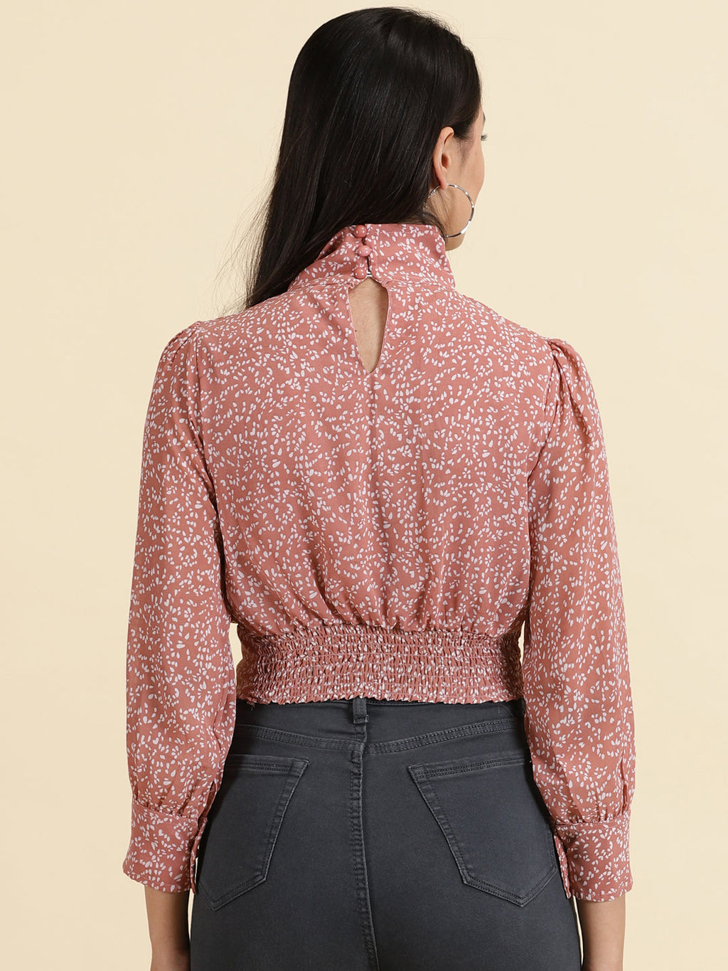 Women's Mauve Print Keyhole Neck Chiffon Crop Top