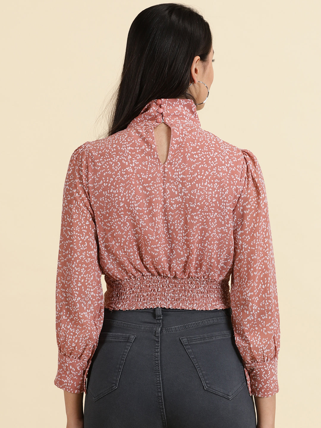 Women's Mauve Print Keyhole Neck Chiffon Crop Top