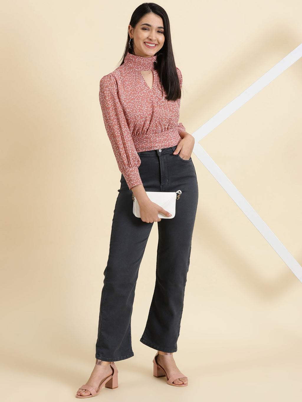 Women's Mauve Print Keyhole Neck Chiffon Crop Top