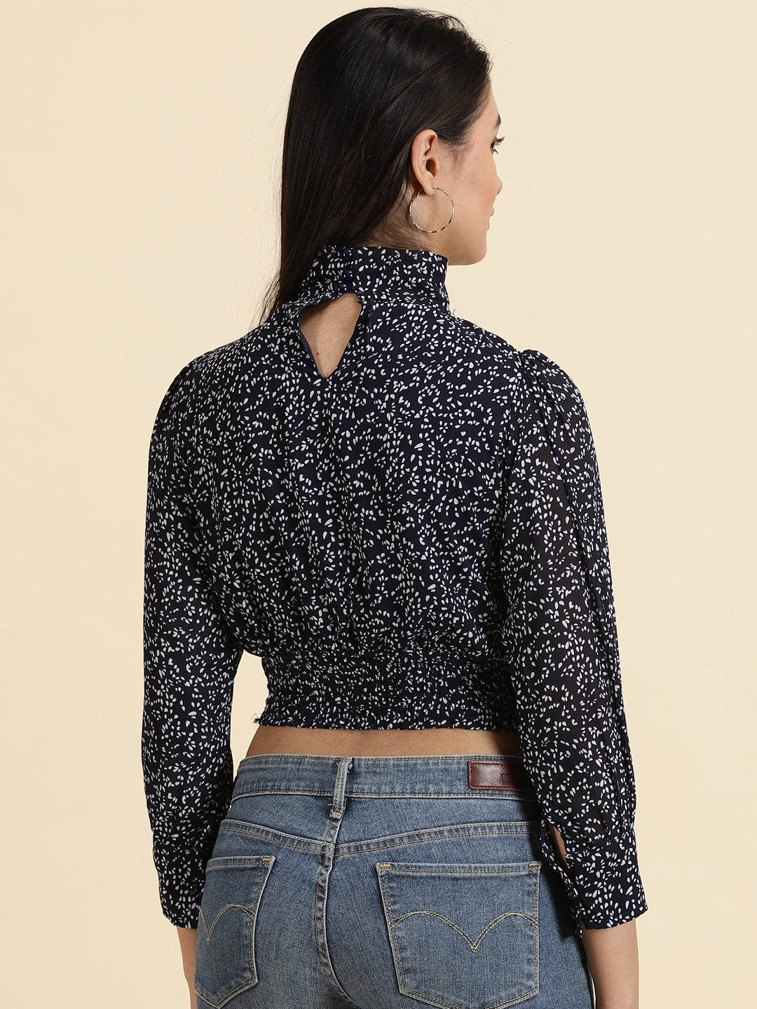 Women's Navy Blue Geometric Print Keyhole Neck Chiffon Crop Top