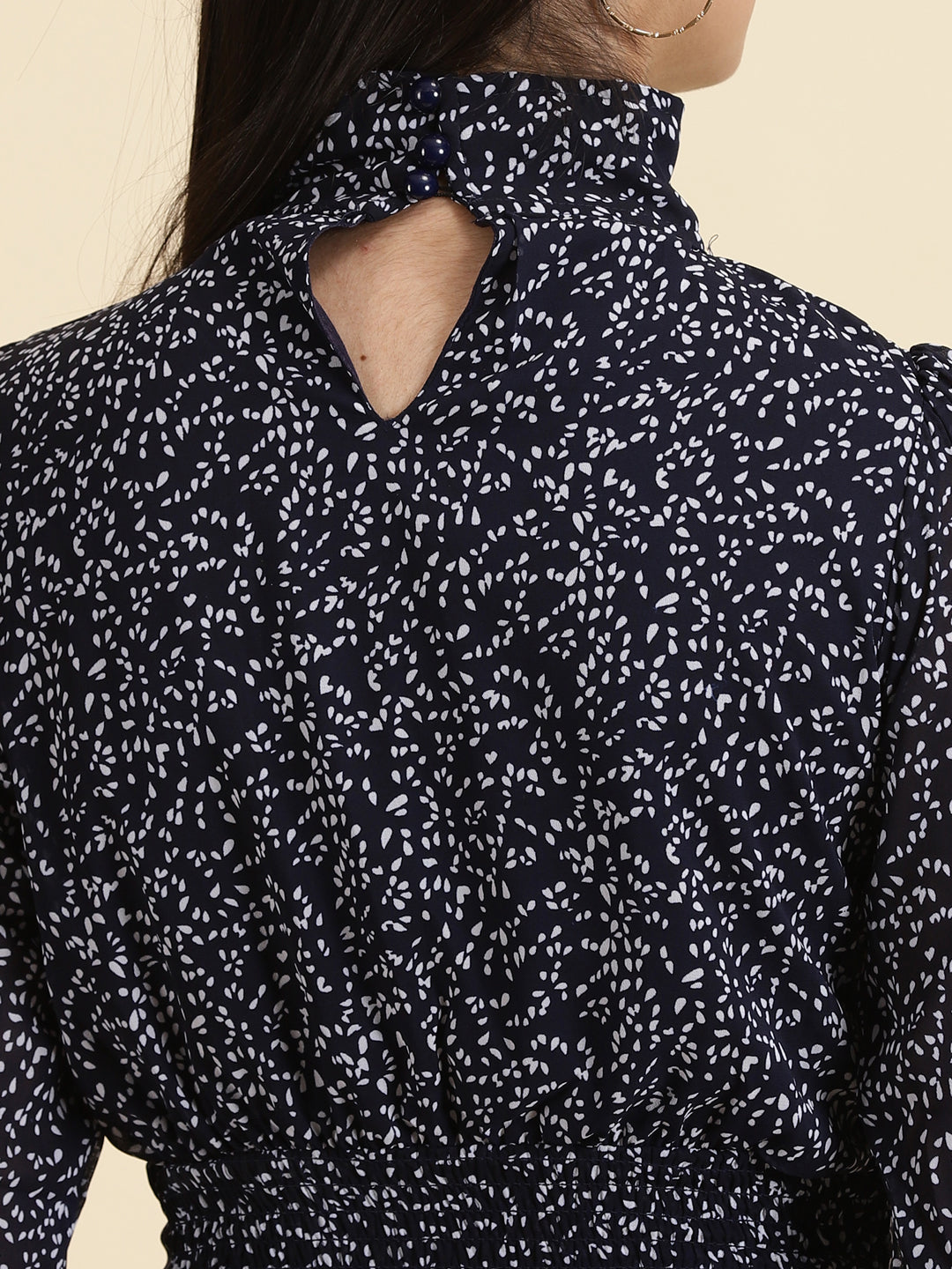 Women's Navy Blue Geometric Print Keyhole Neck Chiffon Crop Top